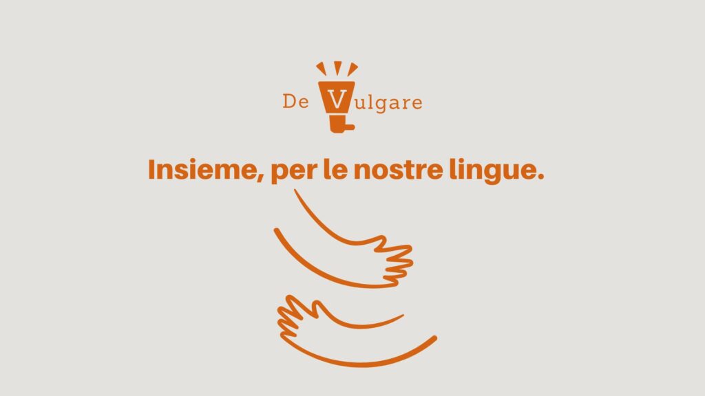 Logo della Campagna di Tesseramento 2026 di DeVulgare. Le silhouette di due braccia stilizzate che si uniscono in un abbraccio, con sopra lo slogan "Insieme, per le nostre lingue".